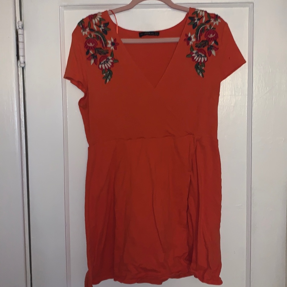 ZARA knit orange floral v neck dress large